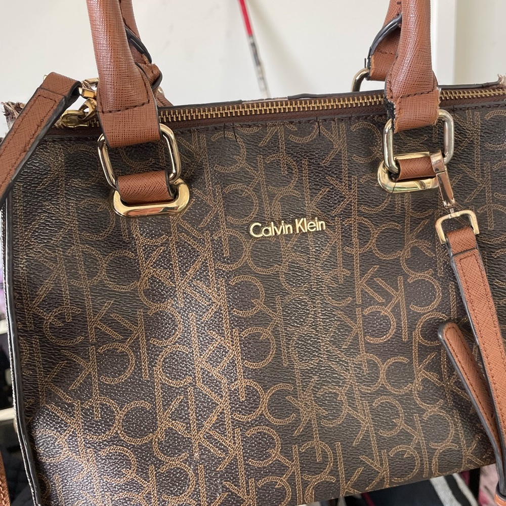 Calvin Klein Tan and Brown Shoulder Bag with Matching Wallet and Makeup Bag